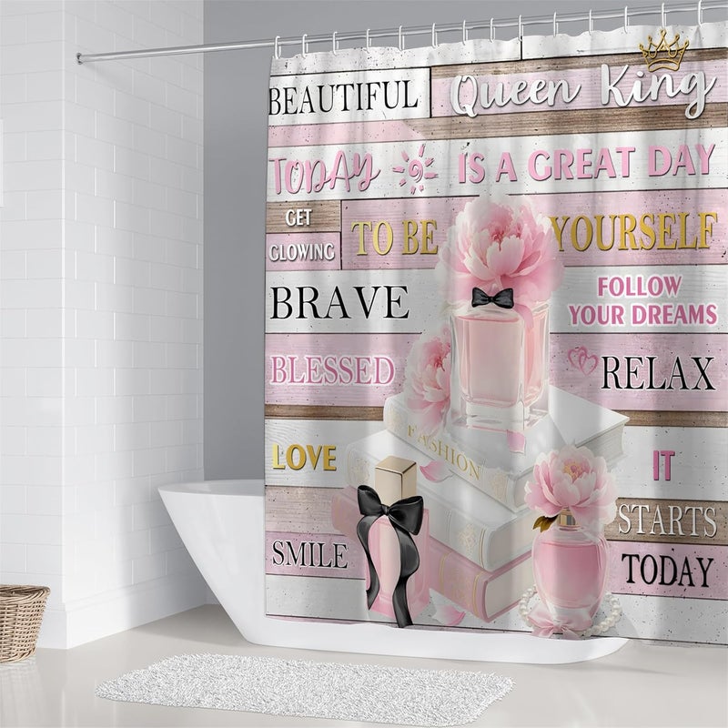 AZHM 4Pcs Shower Curtain Set Pink Fashion Floral Bathroom Decor Inspirational Quotes Bathroom Shower Curtain with Rugs and Accessories Girly Perfume Bathroom Set - Image 2